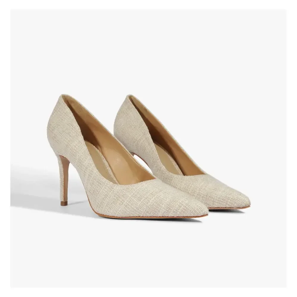 NWB Schutz LOU Pointed-Toe Fabric Leather outsole Stiletto Pump Beige (Size 8 B)